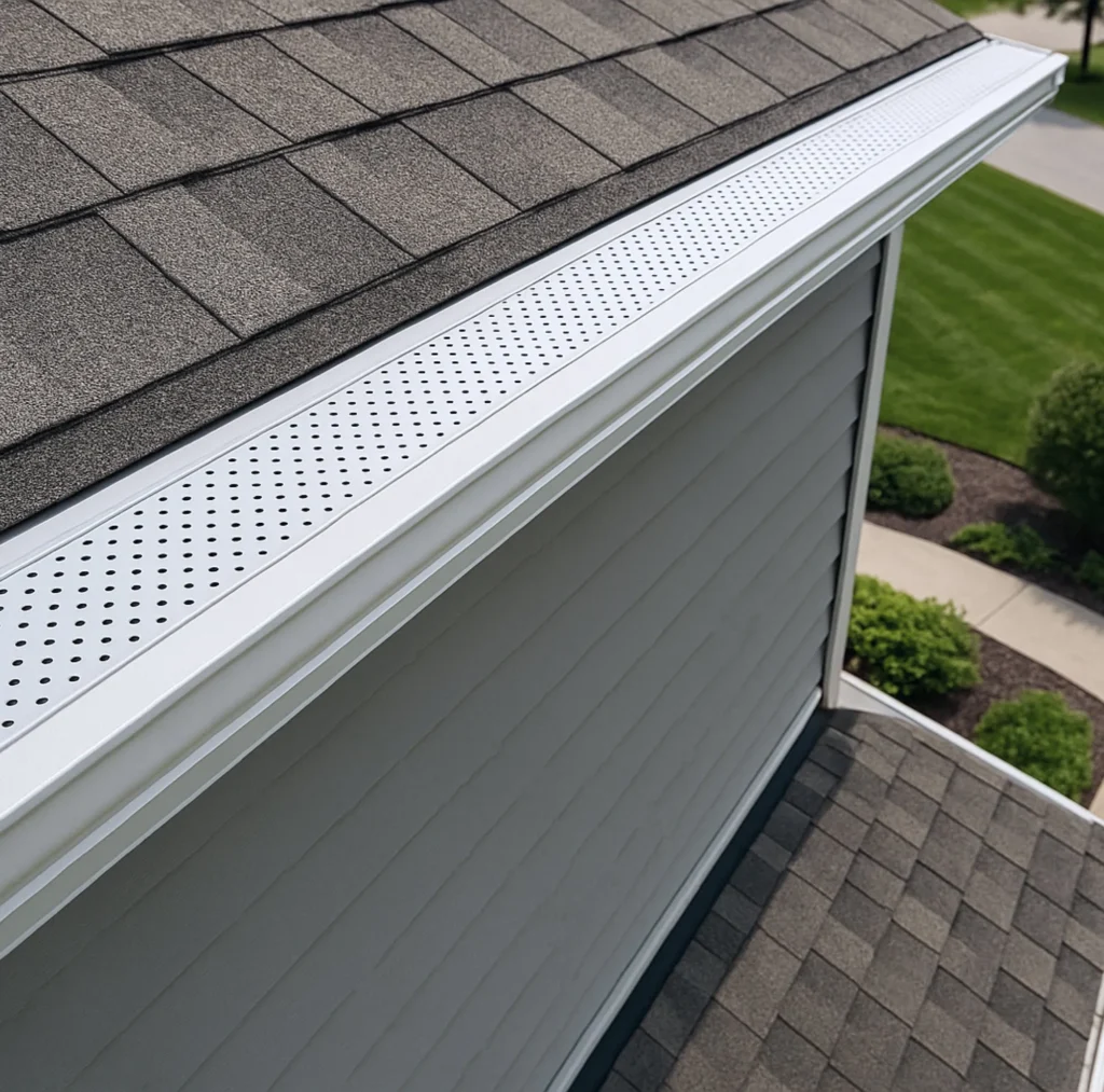 A close-up of a home's shingled roof with a white, perforated gutter guard. The background shows a neatly manicured lawn and sidewalk.