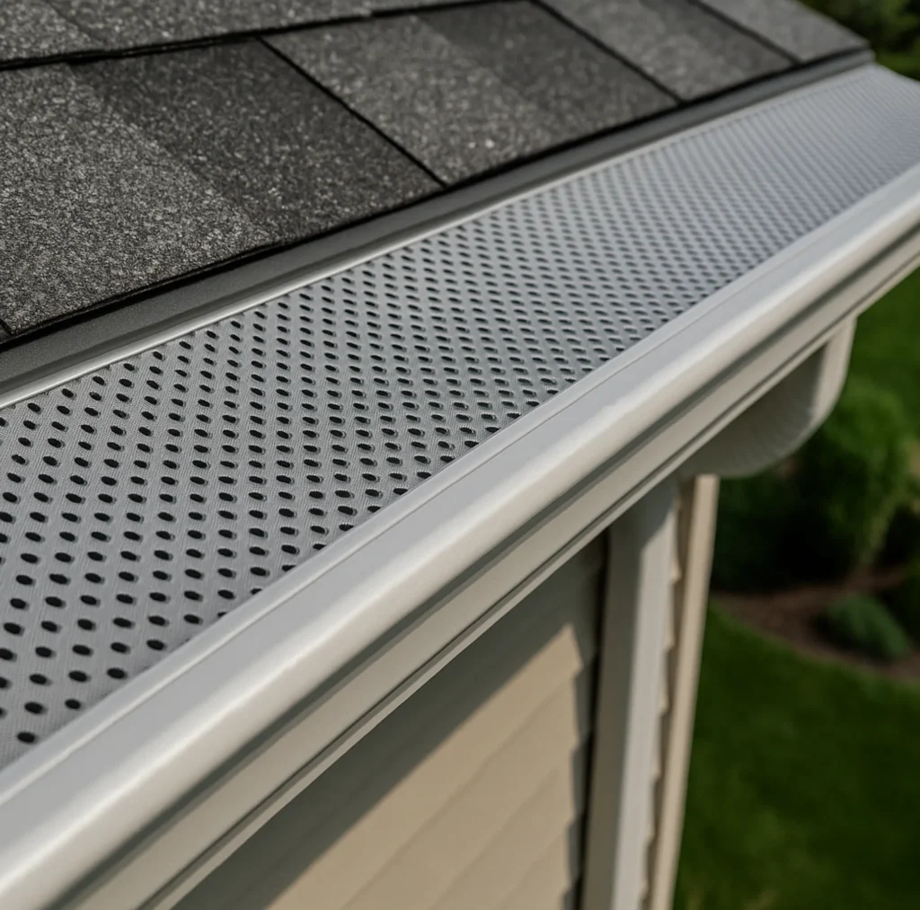 Close-up of a house gutter system with a perforated metal guard. The guard covers the gutter below a row of gray roof shingles, with a green yard visible in the background.