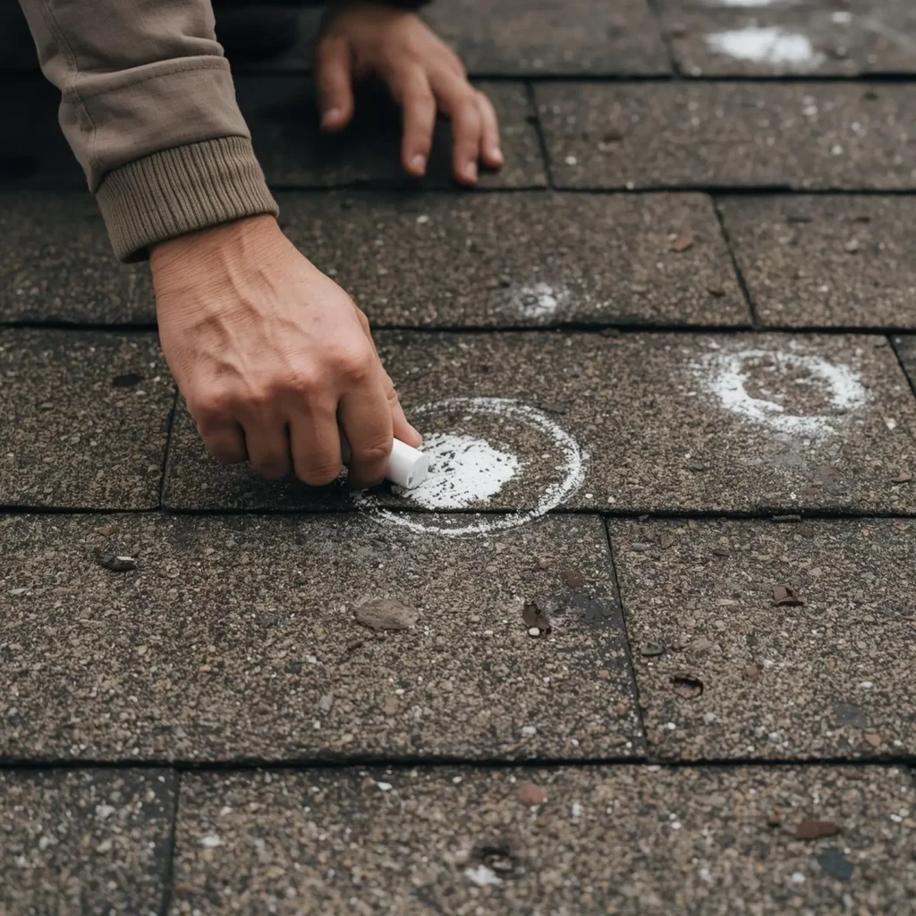 Roofing contractor on roof marking hail damage with white chalk, inspector's hand holding chalk drawing circles around circular dents on asphalt shingles, close-up view of hand marking damage, weathered old roof wi