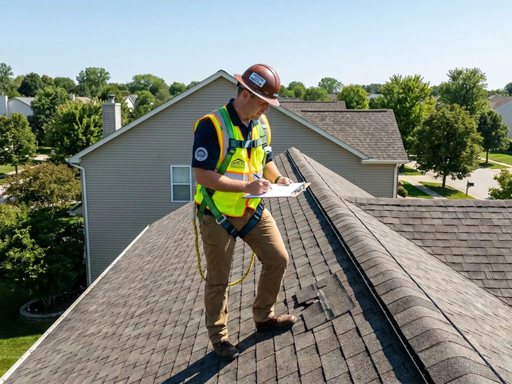 A construction worker in a safety vest and helmet inspects a residential roof, taking notes on a clipboard. Trees and houses are visible in the background.