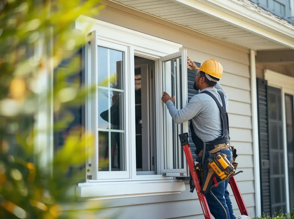 Hispanic contractor professionally installing windows on residential house, window installation work, beautiful sunny day, construction worker with tools