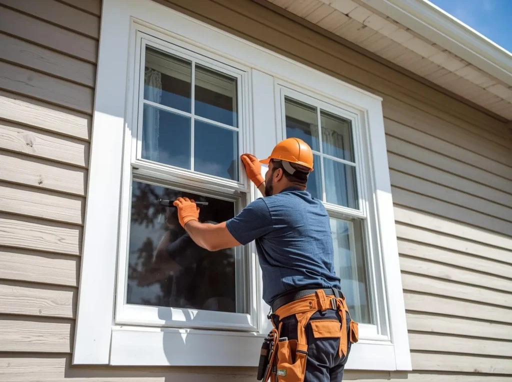 A construction worker wearing a hard hat and gloves installs a white-framed window on a beige house. Bright sunlight highlights his precise work.