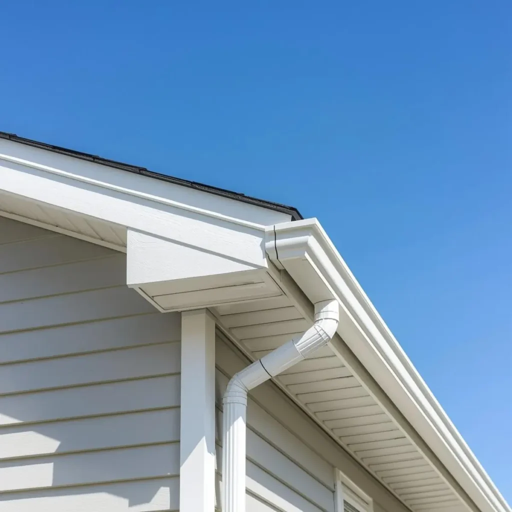 Clean house gutters on a clear sunny day, residential home exterior, white or aluminum rain gutters along the roofline, downspouts, well-maintained gutter system, blue sky