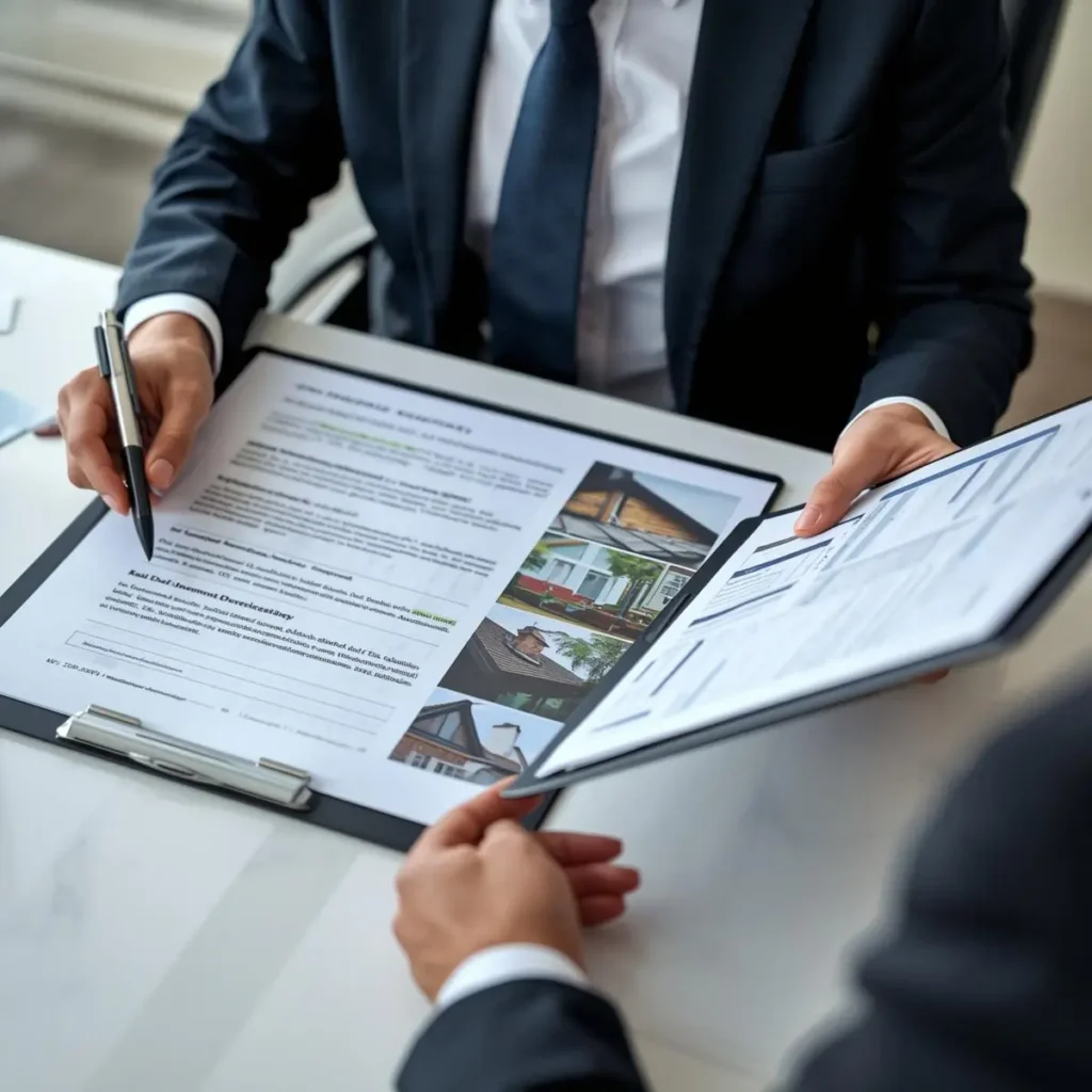 Insurance agent reviewing a roof insurance claim, professional setting, agent examining documents and roof damage photos on desk, clipboard with claim forms, professional business attire