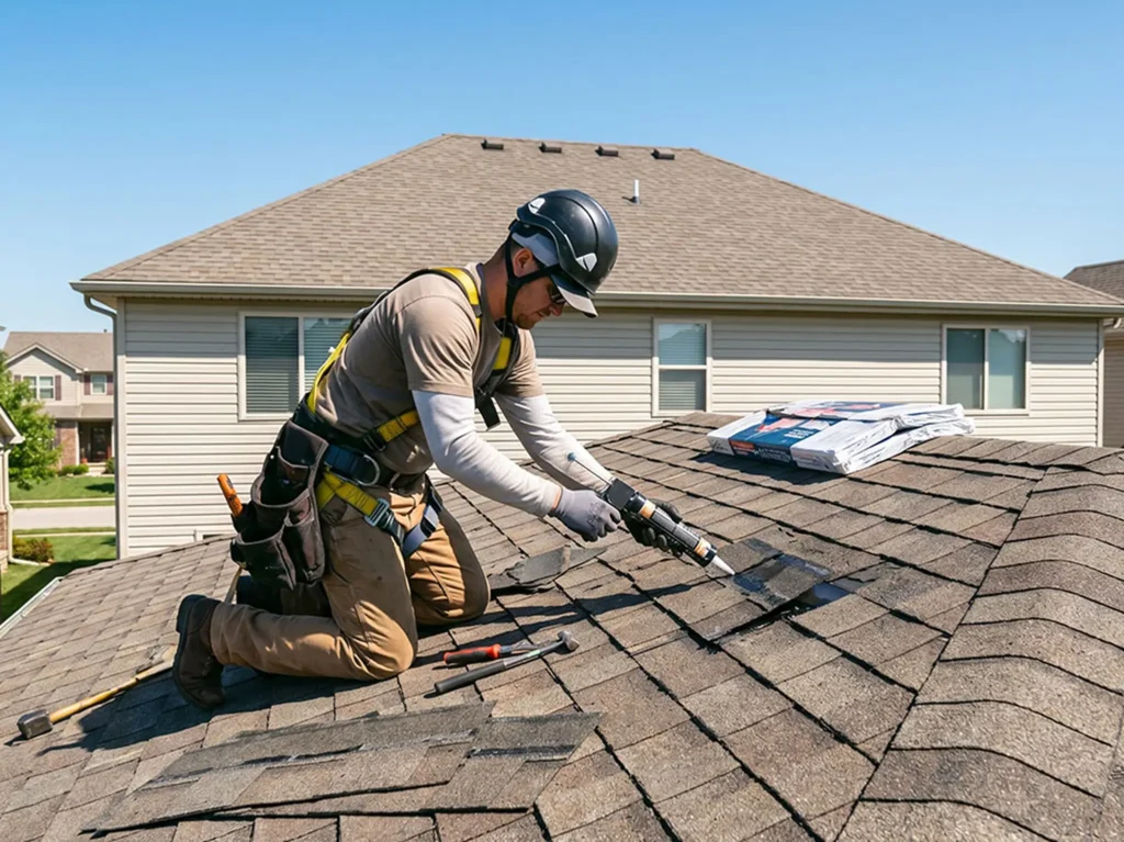 A construction worker in safety gear repairs a shingled roof under a clear blue sky, using a power tool. Bundles of shingles and tools are nearby.