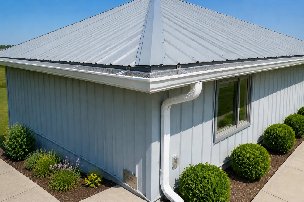 Metal-roofed building with light blue siding, a downspout, and a row of neatly trimmed bushes and flowers along a concrete path on a sunny day.